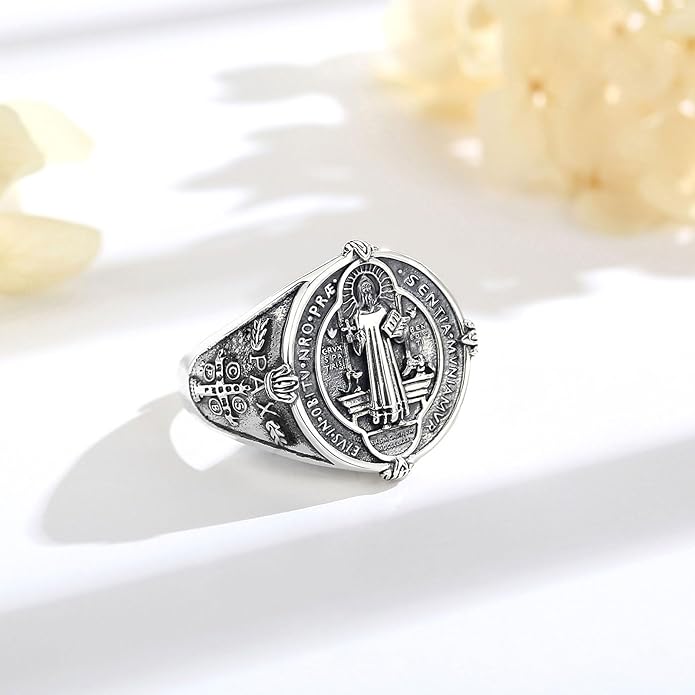 EUDORA S925 Sterling Silver St Benedict Ring San Benito Rings for Women Men, Vintage Ankh Cross Ring Saint Benedict Amulet Adjustable Rings Gifts for Women Mens Father Mother
