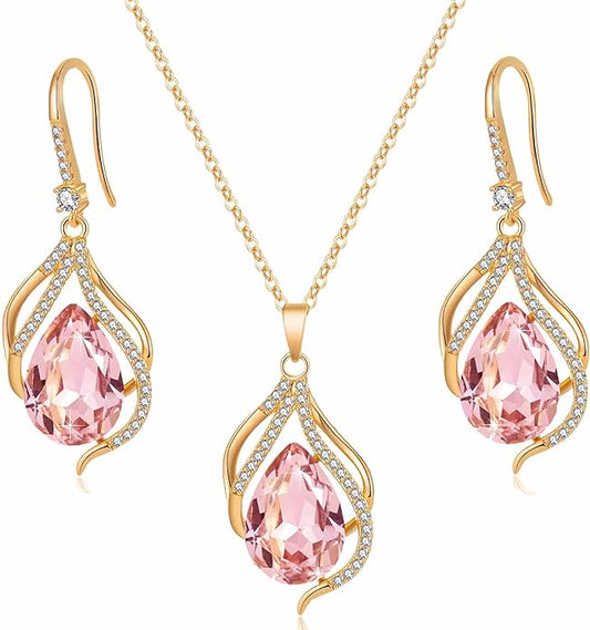 EVEVIC Austrian Crystals Teardrop Hollow Twisted Pendant Necklace Earrings for Women 14K Gold Plated Halo Drop Dangle Earrings Hypoallergenic Jewelry Set
