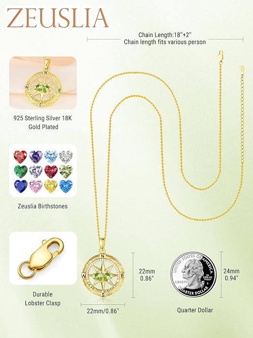 Zeuslia Double Birthstone Necklace Gifts for Wife - 925 Sterling Silver Sunflower/Rose/Crown Cross/Compass/Heart Pendant I Love You Necklace, Anniversary Birthday Gifts for Wife Girlfriend Mom Her