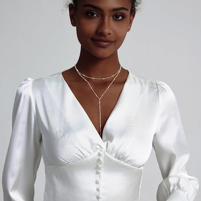 Lariat Silver/Gold Necklace for Women 925 Silver/14K Gold Plated Dainty Long Necklace Y-Shaped Drop Pendant Necklaces Choker Trendy Chain Simple Layered Necklaces CZ Jewelry for Women Set Gift