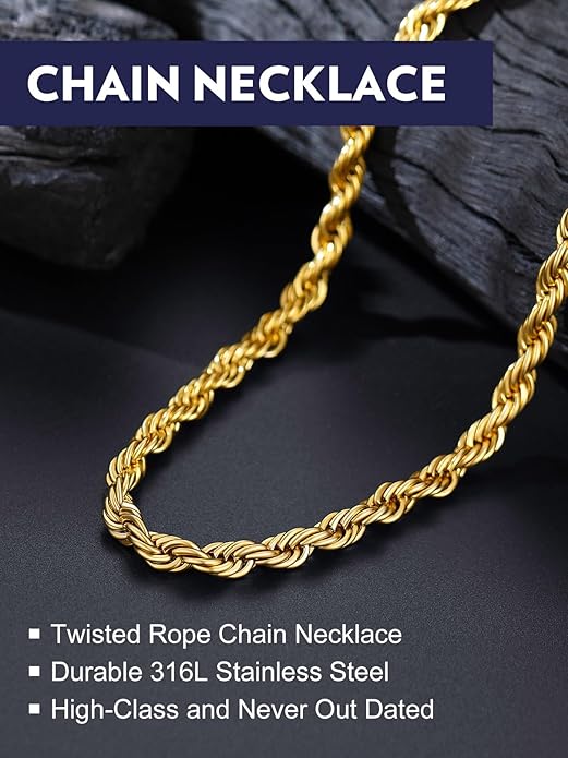 Bandmax Solid 1.5mm/2mm/3mm/6mm Rope Chains for Men Women 14K Gold Plated/Black Plated Stainless Steel Twist Chain 16-30 Inches, with Gift Box