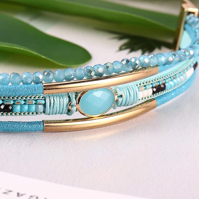 FANCY SHINY Leather Wrap Bracelets Crystal Beads Bracelet Boho Cuff Stone Charm Bracelets with Clasp Costume Jewelry for Women