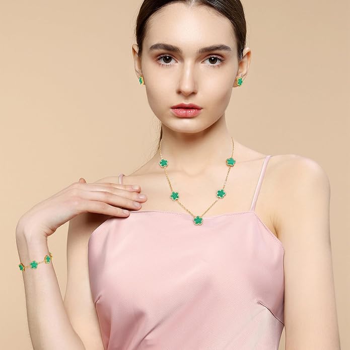 AmorArtSky Lucky Clover Jewelry Set - 18K Gold Plated Flower Design Five Leaf Bracelet, Necklace Pendant, Earrings for Women - Lucky Gifts for Mom, Wife, Daughter, Friends