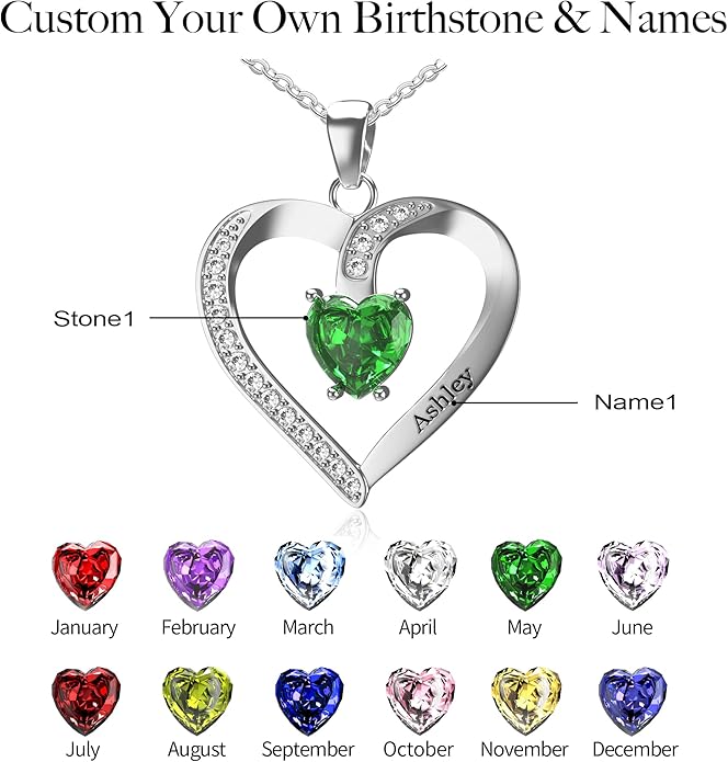 Easycosy Custom Name Necklace with Simulated Birthstones Customized Promise Necklace Heart Pendant with Engraved 2-6 Names - Anniversary Birthday Christmas Jewelry Gifts for Women Wife Mom Grandma