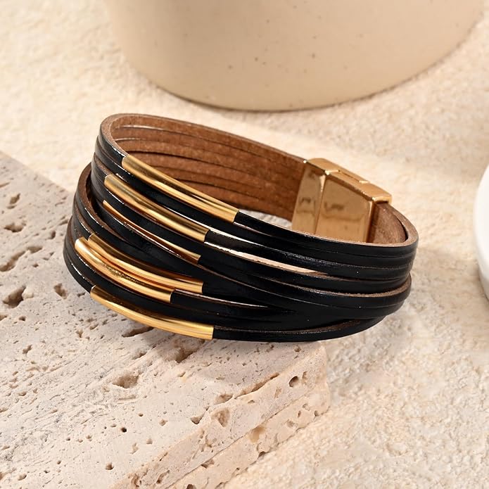 ENGCKSHI Wrapped Bracelets for Women,Leather Bracelet,Boho Bracelets for Women,Multi-Layer Pearl Crystal Bracelet Bangle Jewelry