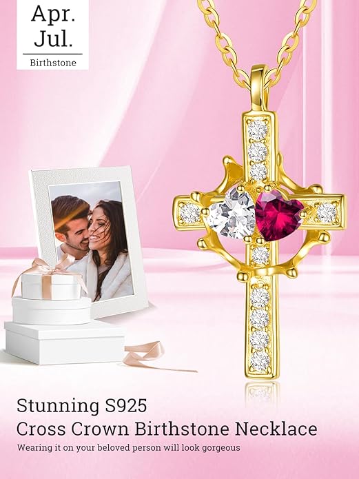 Zeuslia Double Birthstone Necklace Gifts for Wife - 925 Sterling Silver Sunflower/Rose/Crown Cross/Compass/Heart Pendant I Love You Necklace, Anniversary Birthday Gifts for Wife Girlfriend Mom Her