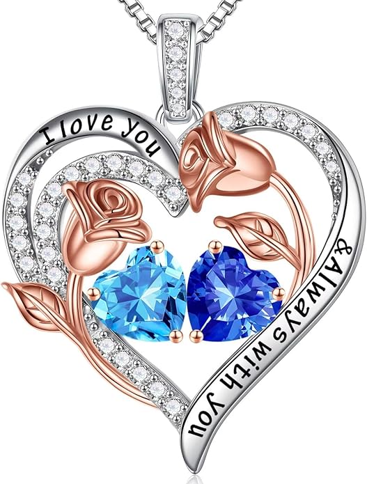 Iefil Birthstone Necklace for Women - 925 Sterling Silver Rose Heart Birthstone Necklace Birthday Anniversary Jewelry Gifts for Her Wife Mom Daughter