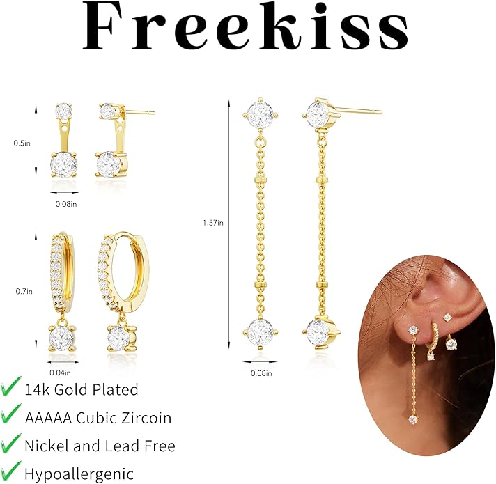 Freekiss 3 Pairs Gold Hoop Earrings Set: Dainty Stud Earrings Trendy Small 14K Gold Plated Hypoallergenic Dangle Cartilage Huggie Hoop Earrings for Women Gold Jewelry for Women Gifts