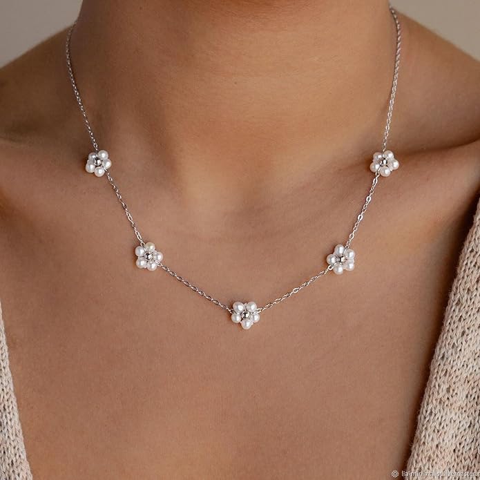 SmileBelle Pearl Necklaces for Women, Daisy Pearl Choker as Y Shaped Pearls Jewelry Gold Heart Necklace for Anniversary Birthday Gifts White Baroque Necklace as Wedding Jewelry