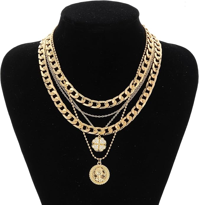 MJartoria Layered Necklaces for Women Trendy Retro Coin Pendant Necklace Dainty Chunky Chain Choker Necklaces for Jewelry Birthday Gifts
