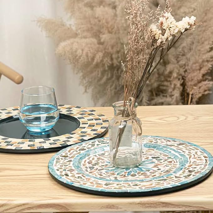 i-lan 2Pack 13" Mother Of Pearl Decorative Charger Plates for Display,Sea Shell Embedded Wood Charger Plates for Dining, Party,Diner Table Modern and Rustic Decorative Placemats,Green Ray