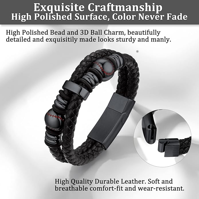 Bestyle Genuine Men Leather Bracelets Fashion Stainless Steel Celtic/Sport Ball Bead Cuff Wirstband Bracelets for Men, Size 7.5/8.3/9.1Inch