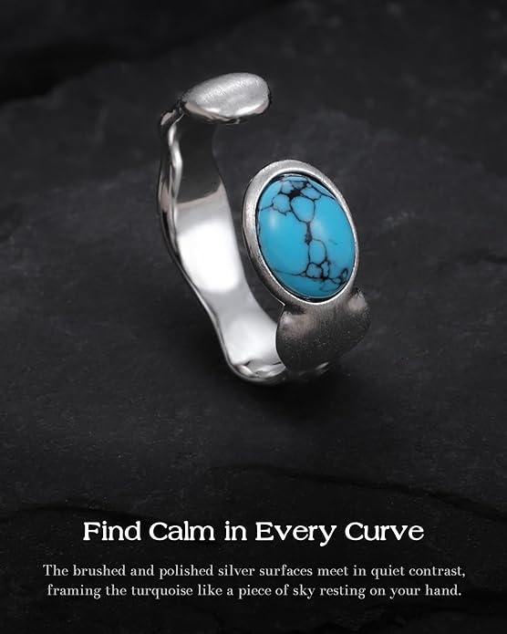S925-Sterling-Silver Abalone Dragonfly-Turquoise Spoon Ring - Vintage Boho Sunflower Thumb Oxidized Wrap Rings Victorian Style Antique Floral Jewelry Gifts for Women