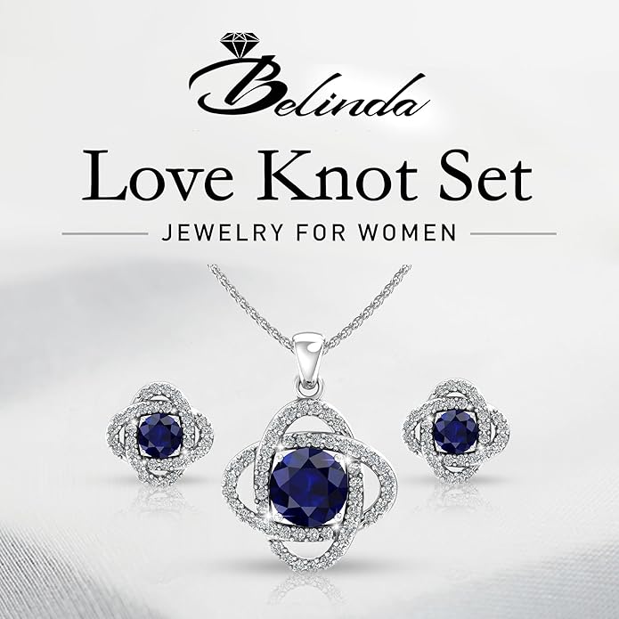 Women 925 Sterling Silver Cute Love Knot Sparkling Gemstone Push Back Stud Earrings Hanging Pendant Necklace Beautiful Fine Jewelry Accessory Set, 1.65 Carat