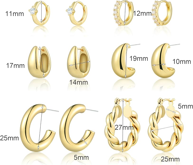 6 Pairs Gold Hoop Earrings for Women, 14K Gold Plated Huggie Hoop Earrings Set Hypoallergenic Lightweight Chunky Open Hoops Jewelry for Gift