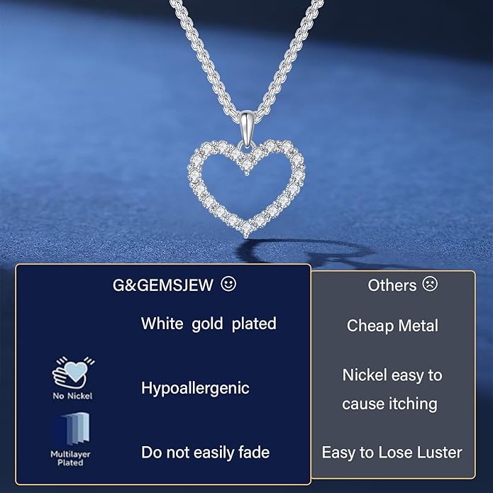 G&GEMSJEW Heart Necklaces for Women, 1-2 Carats Moissanite, 18K White Gold-Plated 925 Sterling Silver Round Brilliant Cut Moissanite Imitation Diamond Necklaces, Jewelry Gifts for Christmas Valentine's Day,Anniversary Present for Wife Women