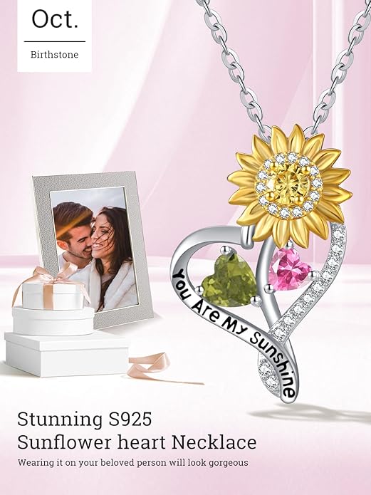 Zeuslia Double Birthstone Necklace Gifts for Wife - 925 Sterling Silver Sunflower/Rose/Crown Cross/Compass/Heart Pendant I Love You Necklace, Anniversary Birthday Gifts for Wife Girlfriend Mom Her