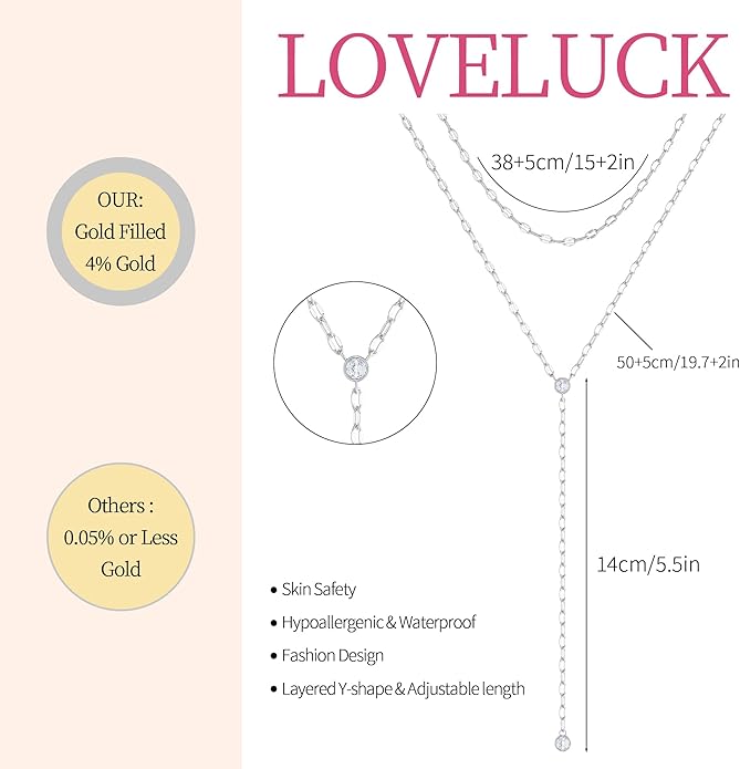 LOVELUCK Long Lariat Necklace for Women,Dainty Layered Y-Shaped Necklaces 14k Gold/Silver Plated Drop Chain Trendy Christmas Jewelry Gifts