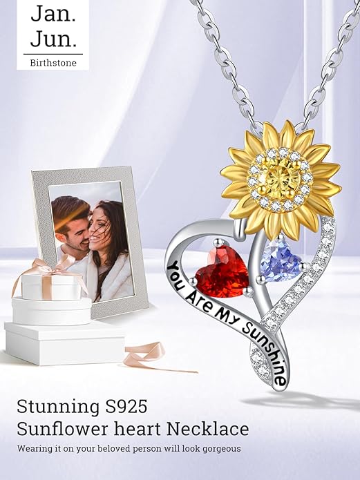 Zeuslia Double Birthstone Necklace Gifts for Wife - 925 Sterling Silver Sunflower/Rose/Crown Cross/Compass/Heart Pendant I Love You Necklace, Anniversary Birthday Gifts for Wife Girlfriend Mom Her