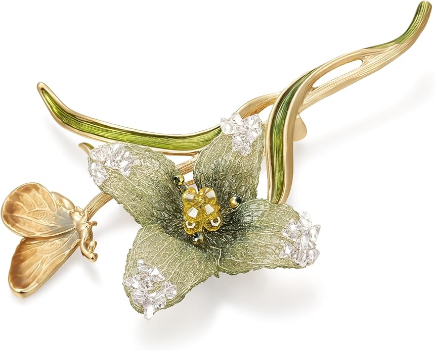 Handmade Embroidery Flower Brooch Pins for Women, SHE'S FREE STYLE JUST FOR YOU Luxury Gradient Stitching Floral Brooch Pins with Crystal stamen, Enamel Metal Butterfly with Green Leaves, Hand Dripping Oil Jewelry pins