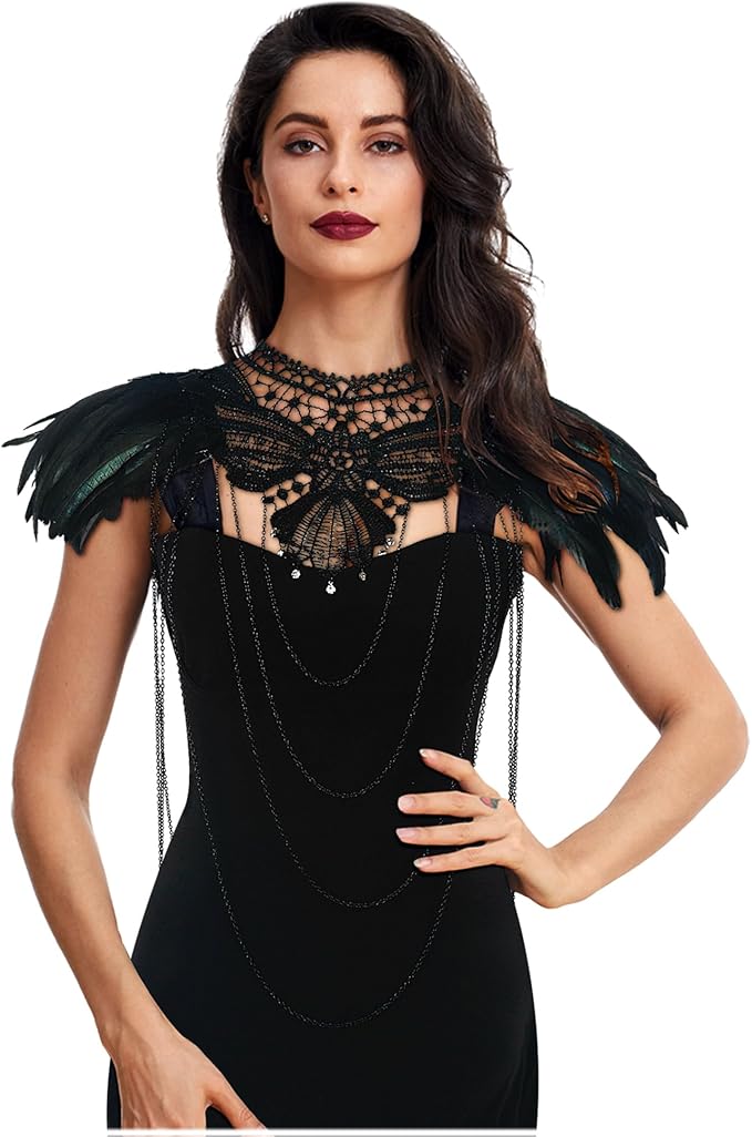 L'VOW Real Black Feather Harness Lace Collar Necklace Bib Halloween