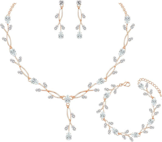 Elegant Bridal Jewelry Sets Clear Cubic Zirconia Wedding Necklace Earrings Bracelet Set for Birdes Bridesmaids CZ Prom Jewelry