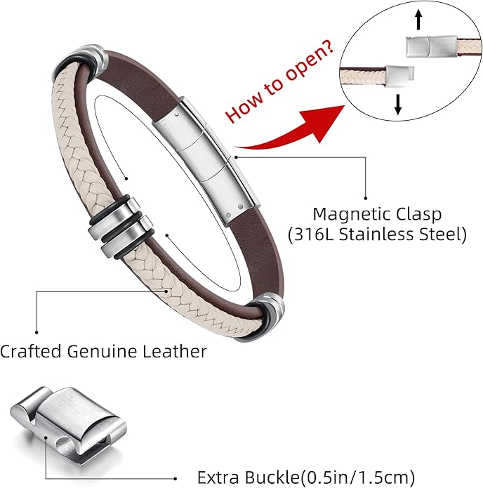 Leather Bracelet for Men with Adjustable Stainless Steel Magnetic Clasp Multi-Layer Braided Mens Leather Bracelet