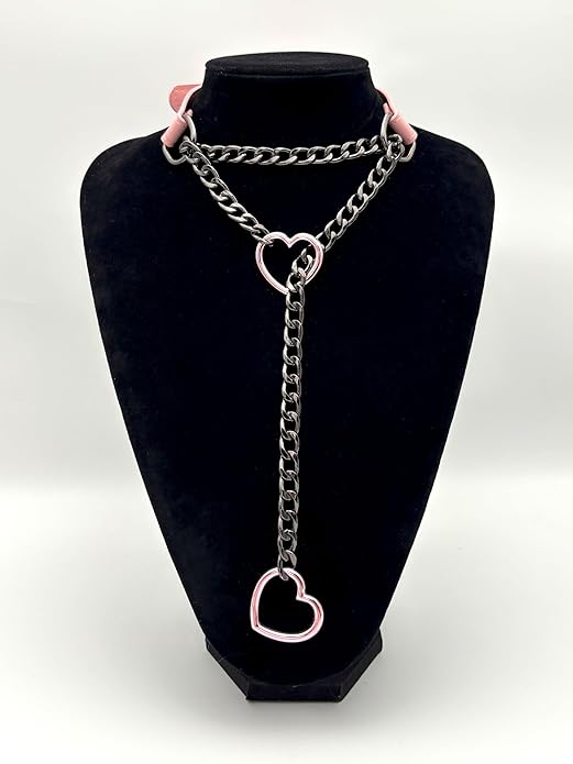 Black Leather Choker Collar For Women, Handmade Heart Slip Chain Choker Long Necklace with Adjustable Buckle