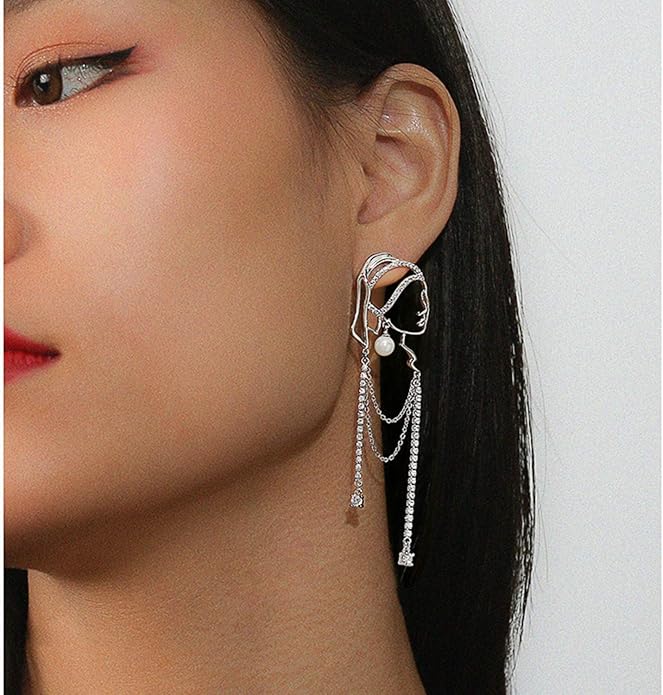Unique Abstract Face Art | Dangle Statement Long Earrings for Women | Rhinestone Tassel Handmade Chandelier Earrings