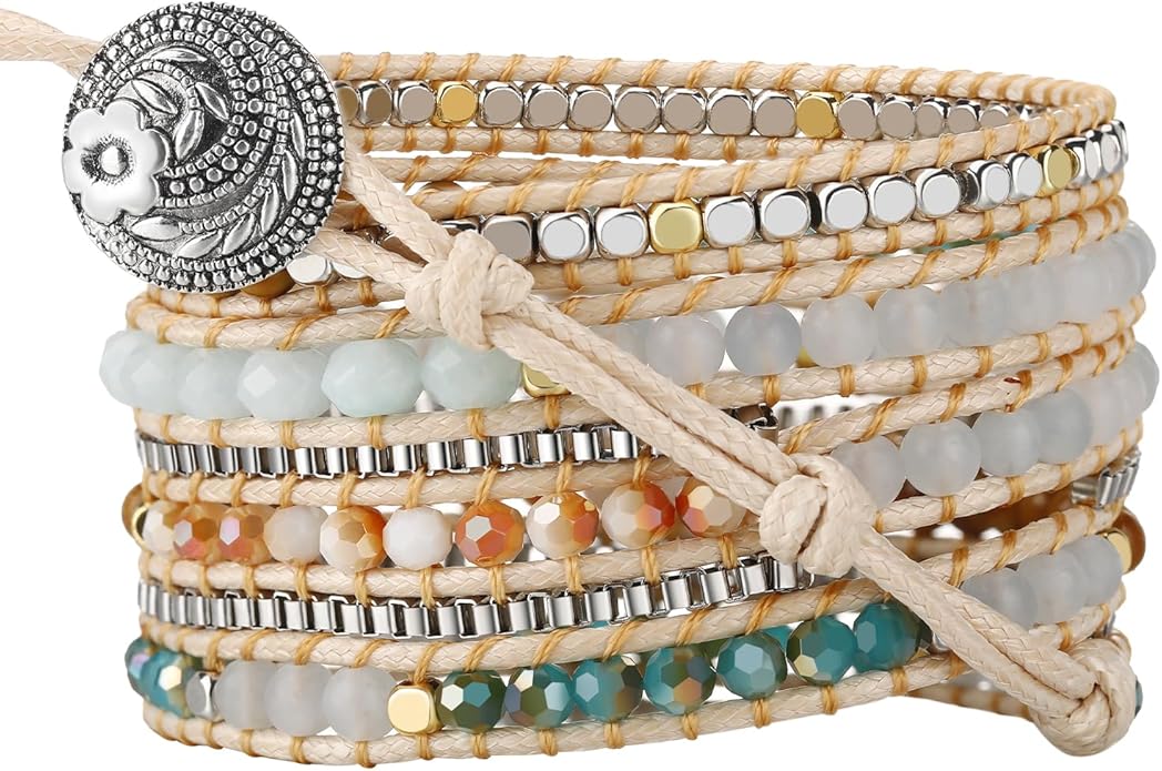 Boho 5 Wrap Bead Bracelet for Men Women - Handmade Adjustable Natural Chakras Stone Crystal Beaded Bracelets Cuff Rope Yoga Healing Bracelet Bangle Hippie Jewelry