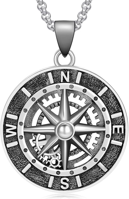 LES OSEWA Compass Necklace for Men Sterling Silver Compass Pendant Masonic Viking Necklace Travel Amulet Necklace Inspirational Graduation Jewelry Gifts for Women