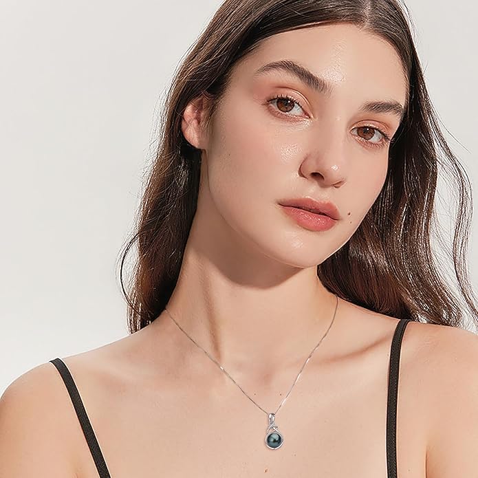 Tahitian Black Pearl Necklaces for Women, Sterling Silver Single Pearl Pendant Necklace Birthday Anniversary Jewelry Gifts for Wife Mom