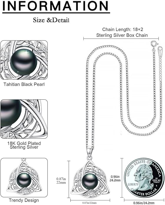 KANNSOAR Tahitian Black Pearl AAAA 18K White Gold Plated Sterling Silver Leaf Celtic Knot Pendant Necklace for Women Wife Mom Girlfriend Her Jewelry Gift for Anniversary Birthday