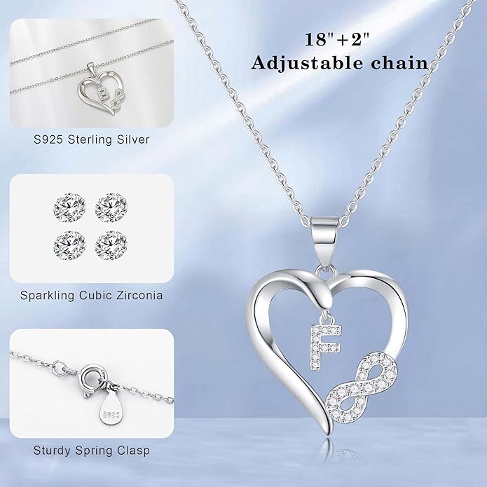 Valentine's Day Gifts for Women - Heart Initial Sterling Silver Necklace with Cubic Zirconia Heart Pendant, Elegant Jewelry Gift for Mom Wife Girlfriend, Perfect Birthday Present in Gift Box