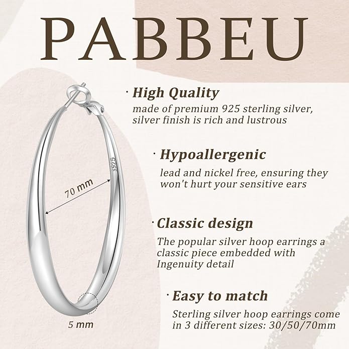 PABBEU S925 SterlingSilver Hoop Earrings Hypoallergenic Silver Hoop Earrings for Women Lightweight Large Sterling Silver Hoops Earring 30/50/70mm