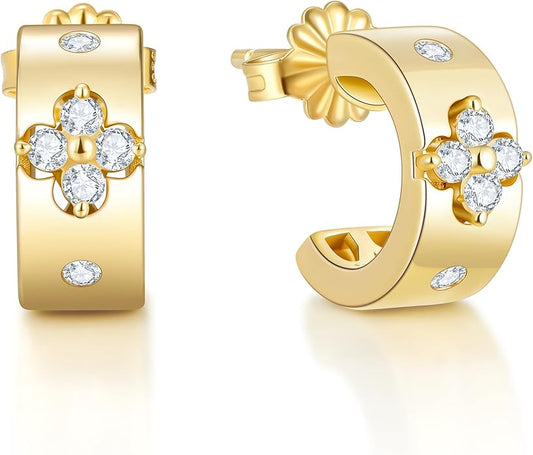 Premium Emerald&Moissanite Clover Hoop Earrings for Women Gifts Nickel Free|D Color VVS1 Clarity 3EX Cut|S925 Sterling Silver 18K Gold Plated Non Tarnish