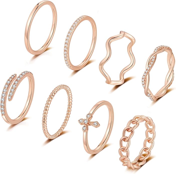 Honsny 14K Gold Plated Stacking Rings Set for Women, Stackable Knuckle Thumb Rings Thin Dainty Silver Rings for Women Wedding Eternity Band Simple Rose Gold Ring Size 4-11