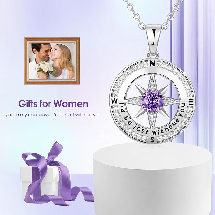 Zifeel Compass Necklace Gifts for Women wife - S925 Sterling Silver Birthstone Necklaces for Women - Anniversary Birthday Gifts for Her Wife Girlfriend - Valentines Mom Mothers Day Christmas Gifts Jewelry for Women