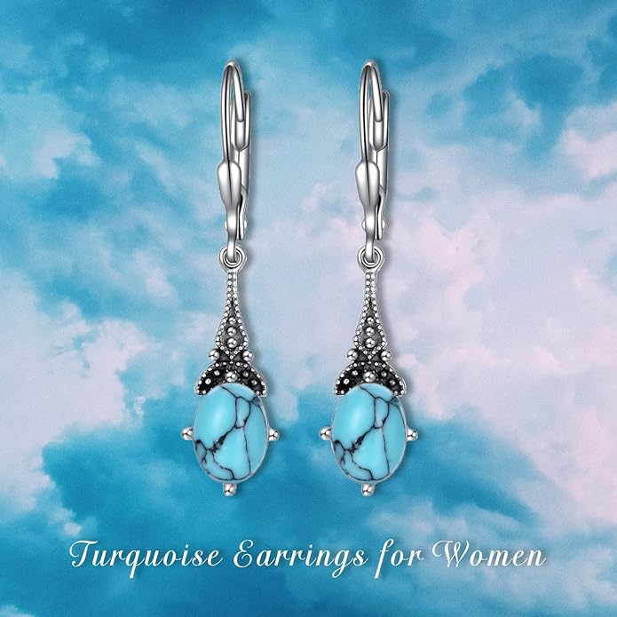 AOBOCO Vintage Earrings for Women Sterling Silver Retro Drop Dangle Leverback Earrings with 8x6mm Oval Genuine or Simulated Birthstone Crystal from Austria, Anniversary Jewelry Gifts for Her Women