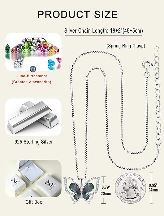 YL Women's Butterfly Necklace 925 Sterling Silver Flower Rose Pendant Birthstone Halo Jewelry