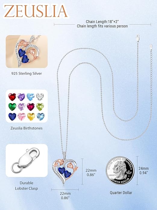 Zeuslia Double Birthstone Necklace Gifts for Wife - 925 Sterling Silver Sunflower/Rose/Crown Cross/Compass/Heart Pendant I Love You Necklace, Anniversary Birthday Gifts for Wife Girlfriend Mom Her