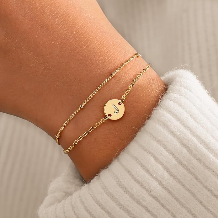 MONOZO Gold Bracelets for Women Jewelry Gifts - Dainty 18K Real Gold Plated Disc Monogram Letter A-Z Initial Bracelets for Women Trendy Personalized Letter Bracelet Jewelry Gifts for Her