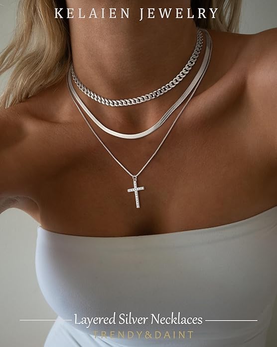 Layered Gold Silver Necklace for Women Non Tarnish,Dainty Choker Statement Chunky Necklace Stack Charm Pendant Chain Necklace Set 14K Gold Plated Long Stacked Womens Necklaces Trendy Jewelry Gift
