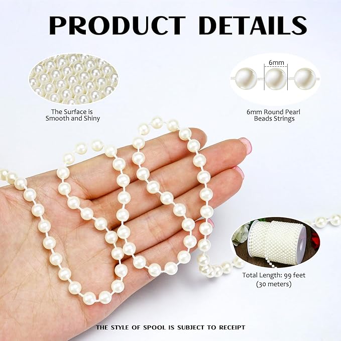 Towenm 99 Feet 6mm Pearl Strings Garland for Crafts, Artificial Pearl Beaded Trim Chain Roll Strands for Wedding Centerpieces Bouquet Party Decoration Christmas Tree Garland, White