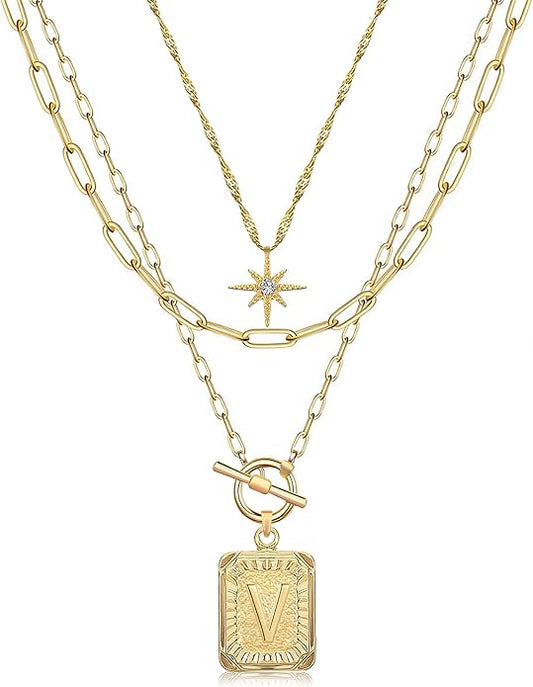 MJartoria Layered Initial Necklaces for Women Trendy, 14K Gold Plated Brass Simple Star Choker Square Letter Pendant Necklace, Paperclip Chain Necklaces Jewelry Gifts