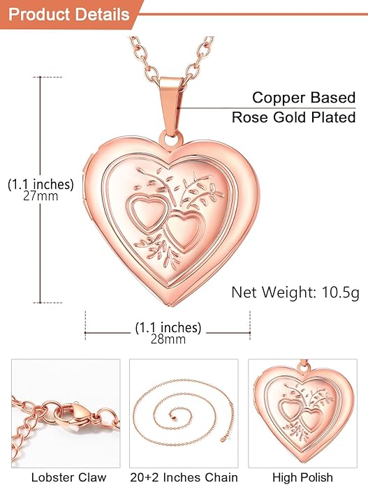 U7 Women Locket Necklace Platinum 14K Gold Photo Lockets that Hold Picture,Chain 20 Inch Personalized Gift Custom Love Heart Image Necklaces