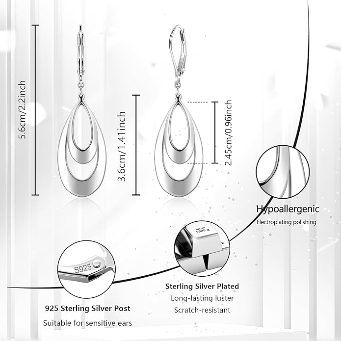 ALEXCRAFT 925 Sterling Silver & 14K Gold Plated Teardrop Dangle Earrings Double Teardrop Leverback Dangle Earrings for Women Hypoallergenic Trendy Prom Fashion Jewelry Gifts
