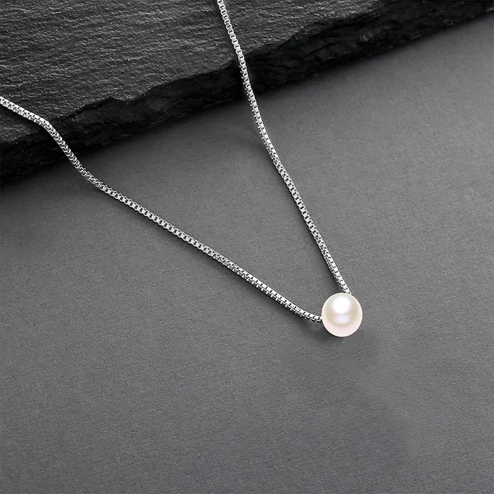 14K Yellow Gold Pearl Necklace for Women, Real Gold Durable Box Chain with Single Cultured Pearl Pendant Necklace Anniversary Birthday Gift for Her, Wife, Mother, Girl 18 Inch