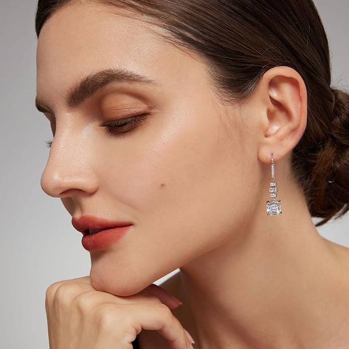 18K White Gold Plated Sterling Silver Asscher Cut Cubic Zirconia Dangle Earrings for Women Square CZ Diamond Drop Dangling Earrings for Women Mom