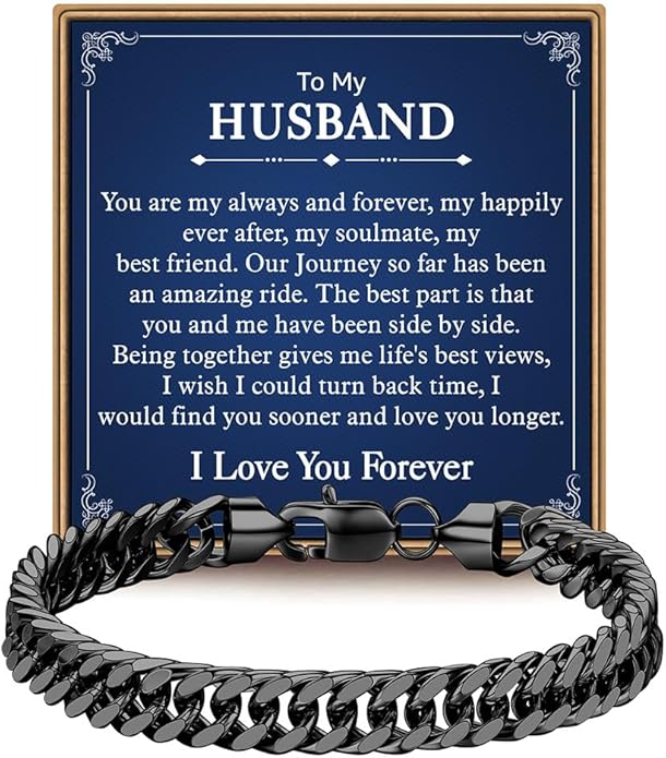 IEFLIFE Bracelet Gifts for Men Him - Silver/Black Stainless Steel Cuban Link Chain Bracelet Gifts for Son Grandson, Fathers Day Anniversary Birthday Gift for Men Husband, 8mm Bracelets Gift Jewelry